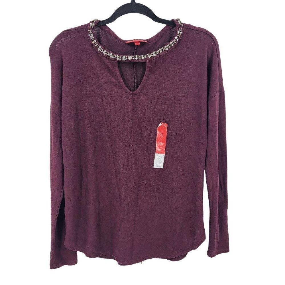 Jennifer Lopez Sweater S Maroon Oxblood Rhinestone Cutout Jewel Neck Holiday